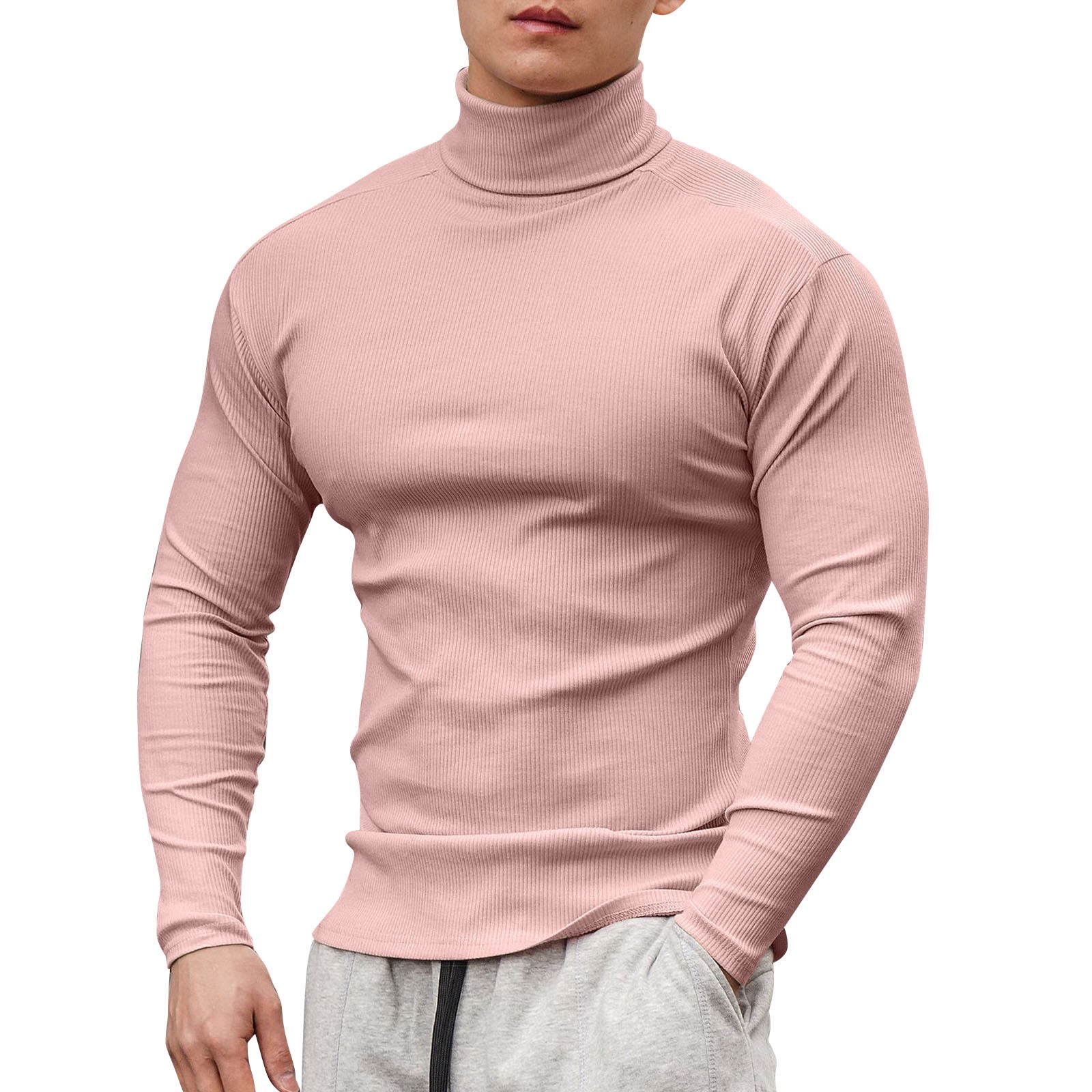 thumbnail image 1 of Camiseta de manga larga y cuello alto para hombre: color liso, corte ajustado, tejido elástico, para uso informal en primavera/verano., 1 of 2